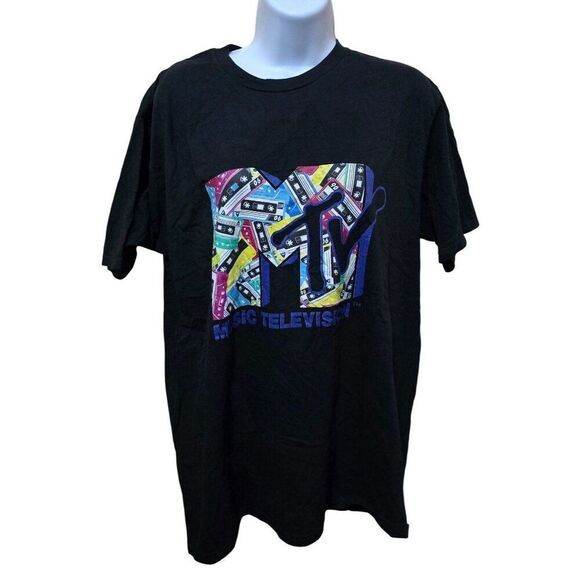 MTV Music Television Retro Cassette Print Black T-Shirt L Fan Favorite - Picture 2 of 7
